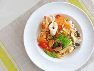 Seafood spaghetti at local restaurant. 