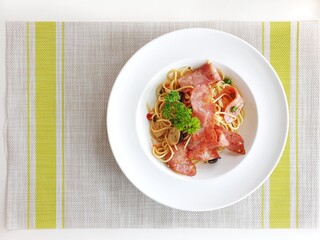 Spaghetti with bacon at local restaurant.