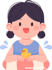 A girl playing in the water with an inflatable tube on a summer day.