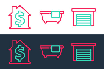 Set line Garage, House with dollar symbol and Bathtub icon. Vector