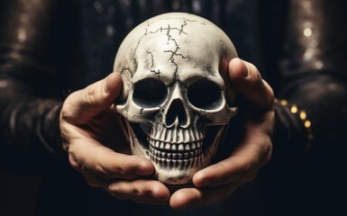 A person holding a skull in their hands. AI.