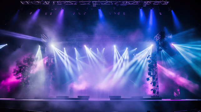 Concert Stage Scenery With Spotlights Colored Lights Smoke. Generative AI
