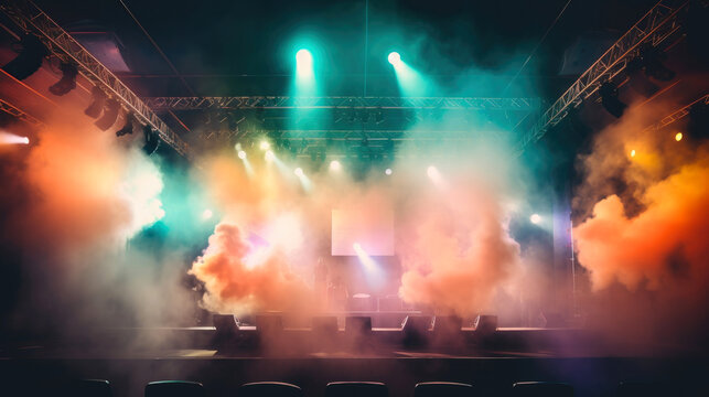 Concert Stage Scenery With Spotlights Colored Lights Smoke. Generative AI
