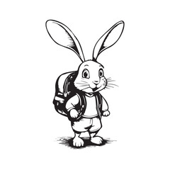 Fototapeta na wymiar Bunny goes to school. Cute sketch character design. Rabbit schoolboy in funny is coming. Doodle funny icon. Simple line stickers, vector illustration