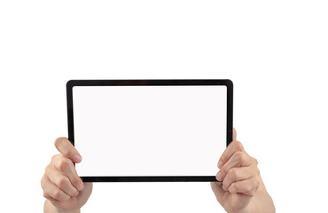 Female hand holding tablet showing white screen