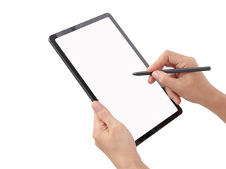 Female hand holding a tablet and using a pen tablet to write