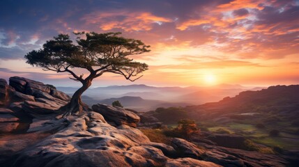 Photo of a solitary tree silhouetted against a colourful sunset on a mountain peak created with Generative AI technology