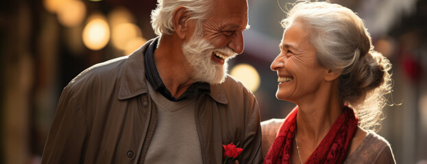 Happy senior couple smiling, looking at each other, close-up portraiture, Generative AI.