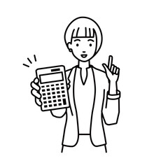 立って電卓を持ってこちらに向けて見せているジャケットの女性