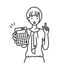 立って電卓を持ってこちらに向けて見せているオフィスカジュアルの女性