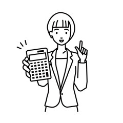 立って電卓を持ってこちらに向けて見せているスーツの女性