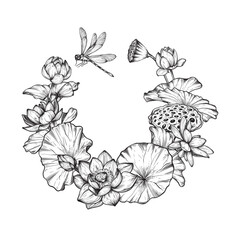 Vector wreath with hand drawn blooming lotus flowers and leaves, dragonfly.