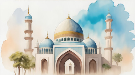 Vector a watercolor painting of a mosque by Generative AI