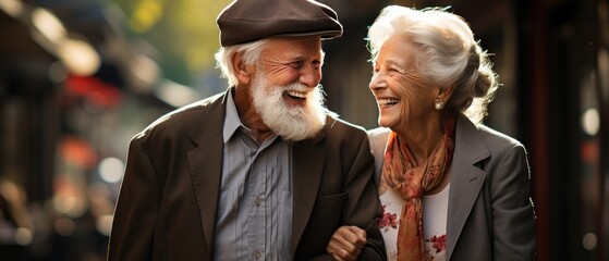 Portrait of a happy senior couple, laughing, traveling together, relationship goals concept, Generative AI.