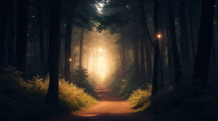 A forest with a path and a light in the sky by Generative AI