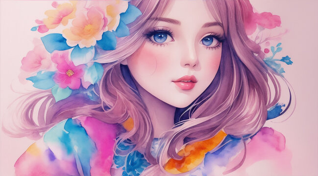 A detailed illustration of a beautiful girl watercolor art in pop up style by Generative AI