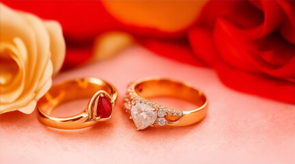 Fiery love wedding rings photograph in indoor room and golden hour by Generative AI