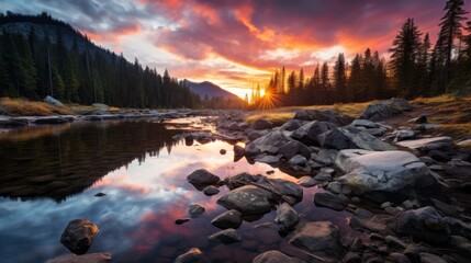 Photo of a picturesque mountain lake at sunset