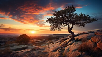 Photo of a solitary tree silhouetted against a vibrant sunset on a majestic mountain