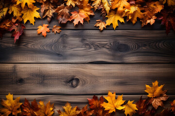 Naklejka na ściany i meble Rustic Autumn Vibes: Mockup Image with Wood Pattern Background and Seasonal Elements