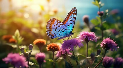 a butterfly on a flower - obrazy, fototapety, plakaty