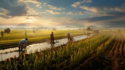 Foto op Canvas a group of people working in a field © KWY
