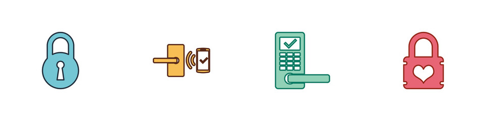 Set Lock, Digital door lock with wireless, and Padlock heart icon. Vector