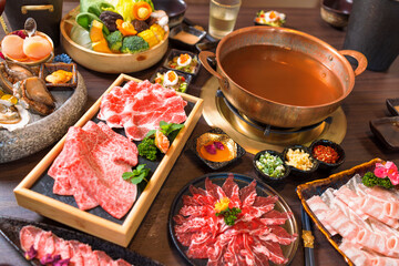 Seafood cuisine plate and beef sliced meat for hot pots. pork slices, scallops,  seashells,...
