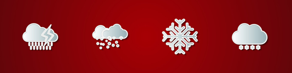 Set Cloud with rain and lightning, snow, Snowflake and icon. Vector