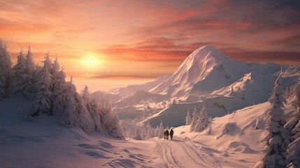 a couple people walking on a snowy mountain - obrazy, fototapety, plakaty