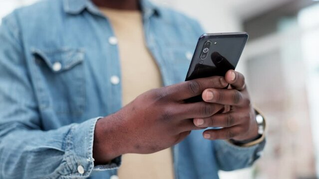 Man, hands and typing with phone in home, reading social media notification or online chat subscription. Closeup of person texting on cellphone, download mobile games or search digital network on app