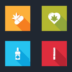 Set Medical pills with marijuana, Marijuana leaf in heart, or cannabis olive oil and joint icon. Vector