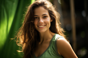 Fototapeta premium A smiling young woman walking in the forest in the morning