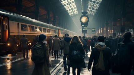 a group of people waiting for a train - obrazy, fototapety, plakaty