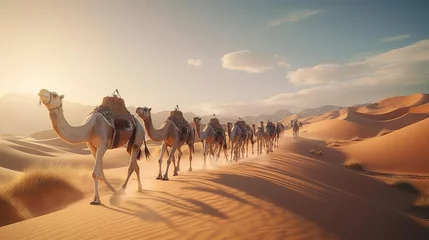 Fotobehang a group of camels walking in the desert © KWY