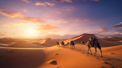 Fototapeta na wymiar a group of camels walking through the desert