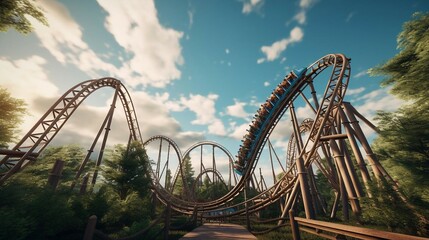 a roller coaster going through a park