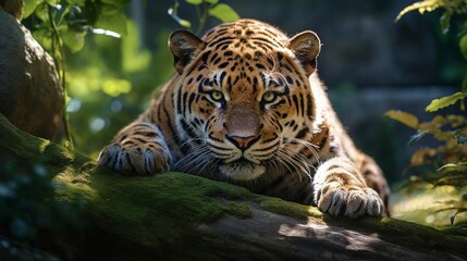 a leopard lying on a log
