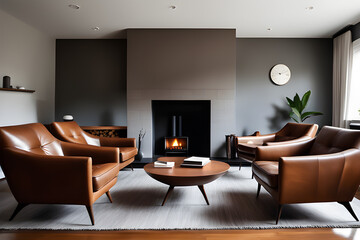 brown-leather-chairs-and-grey-sofa-in-room-with-fireplace-mid-century-style-home-interior-design-of-generativeAI