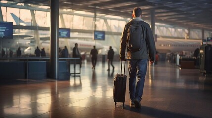 a person with a suitcase walking in an airport - obrazy, fototapety, plakaty