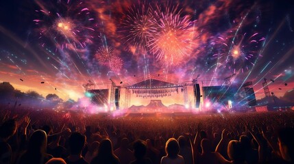 a stage with fireworks above it