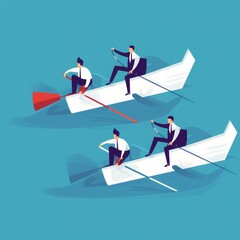 Teamwork. Business persons rowing with paddles on the white arrow sign. Business concept  illustration, Generative AI