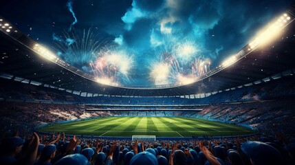 a stadium with a field and fireworks in the sky