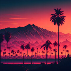 serene sunset, palm trees, mountains, and nature in captivating tropical landscape., generative AI