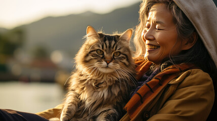 cat with runshine in the morning. senior asian woman travelling with flufy cat,  asia lake view...