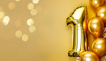 Banner with number 1 golden balloons with copy space. One years anniversary celebration concept on a yellow background with shiny bokeh. - obrazy, fototapety, plakaty
