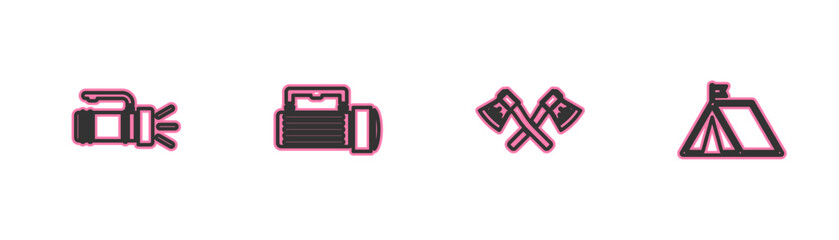 Set line Flashlight, Crossed wooden axe, and Tourist tent with flag icon. Vector