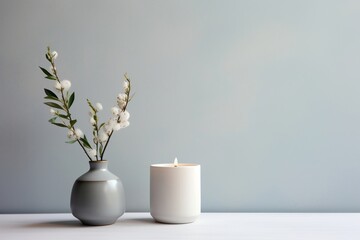 A scented candle placed on a white table adorned with vases, Generative Ai