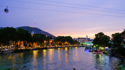 Vibrant Old Tbilisi: Colorful Mountain Buildings, Church and teleferique cable car and Lady of Georgia Close-Up , The Architectural Detail of Old Tbilisi Night life