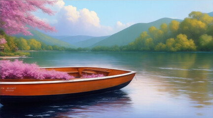 Boat on the River oil painting wallpaper background landscape boating wallpaper by Generative AI